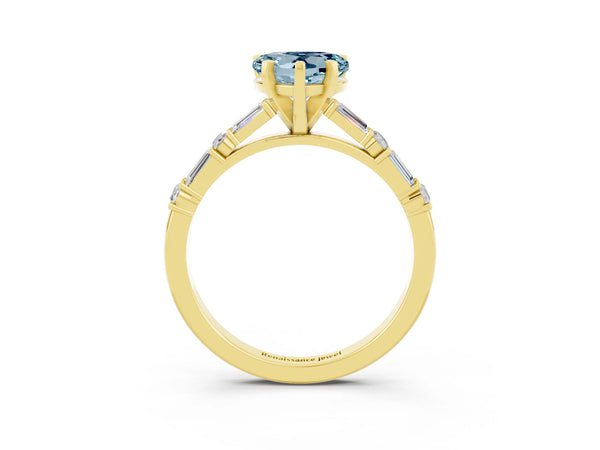 Yellow gold Heart Cut Aquamarine Solitaire with Side Baguettes and Channel Set Band