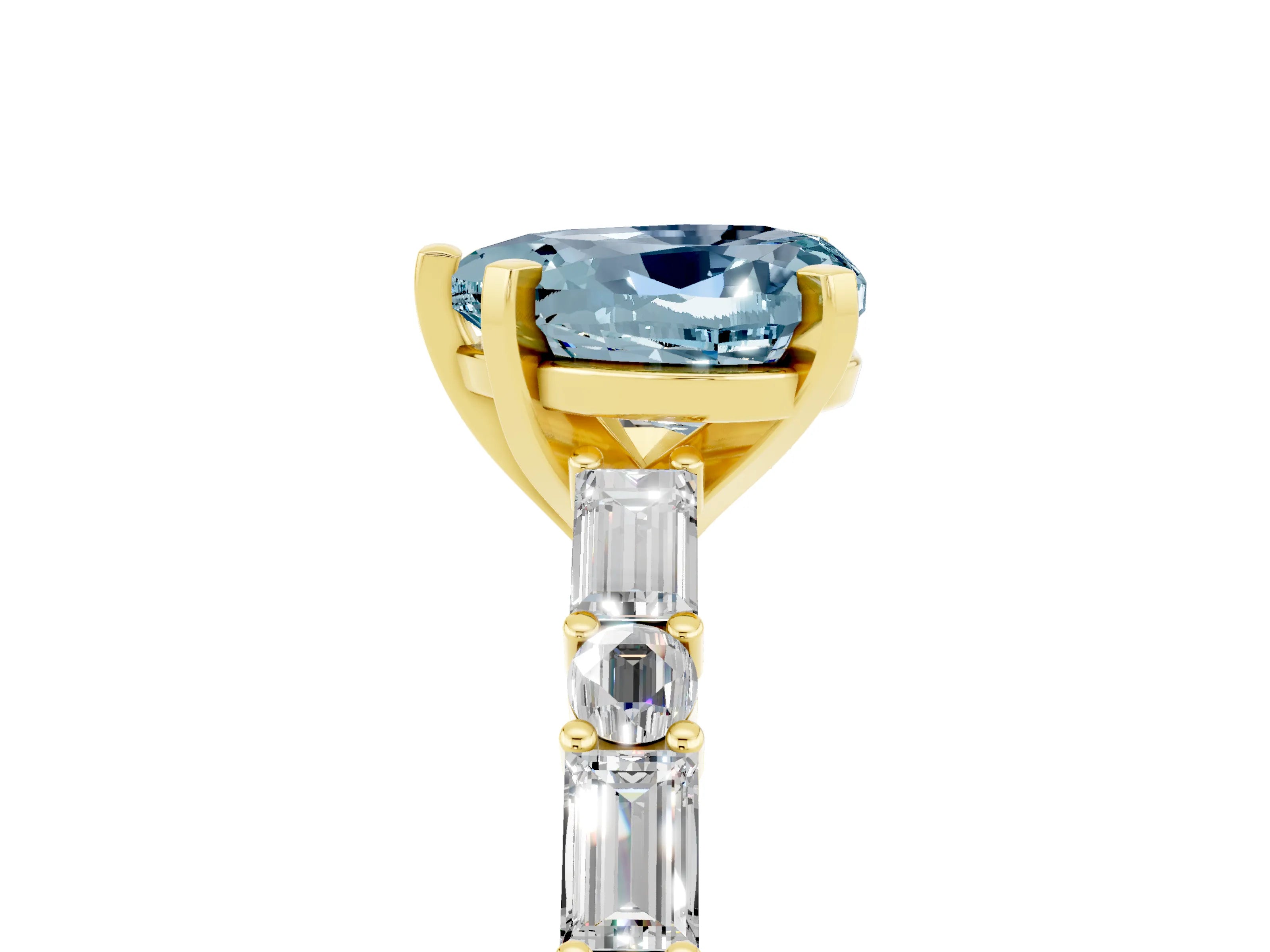 Yellow gold Heart Cut Aquamarine Solitaire with Side Baguettes and Channel Set Band_5