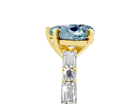 Yellow gold Heart Cut Aquamarine Solitaire with Side Baguettes and Channel Set Band_5