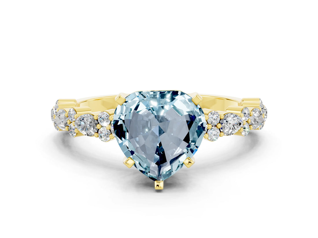 Yellow gold Heart Cut Aquamarine Solitaire with Side Stones, Pave Band, Four-Prong Setting_36