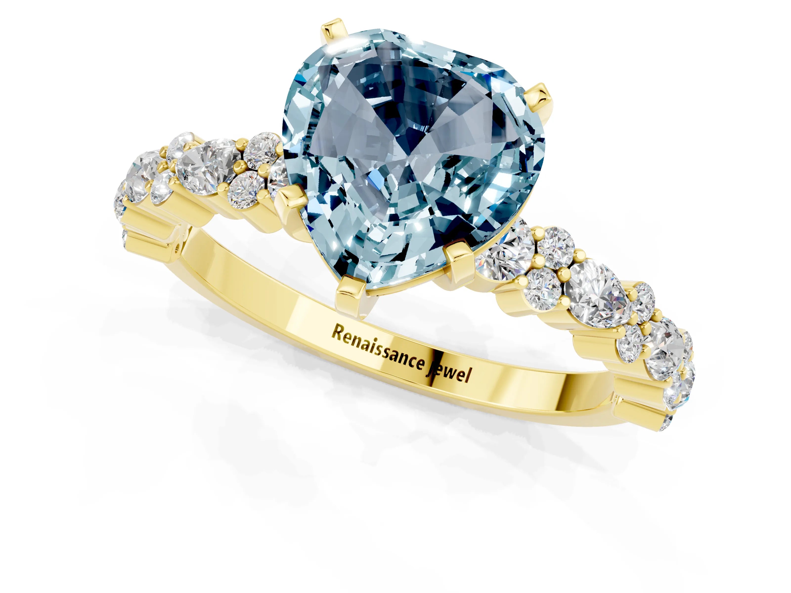 Yellow gold Heart Cut Aquamarine Solitaire with Side Stones, Pave Band, Four-Prong Setting_37