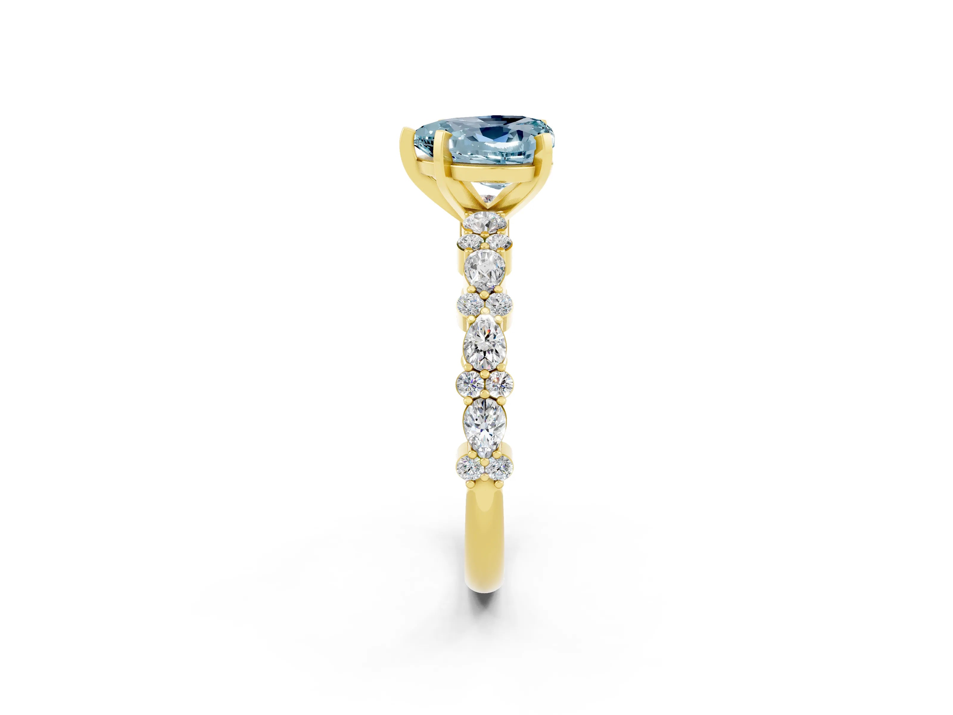 Yellow gold Heart Cut Aquamarine Solitaire with Side Stones, Pave Band, Four-Prong Setting_38