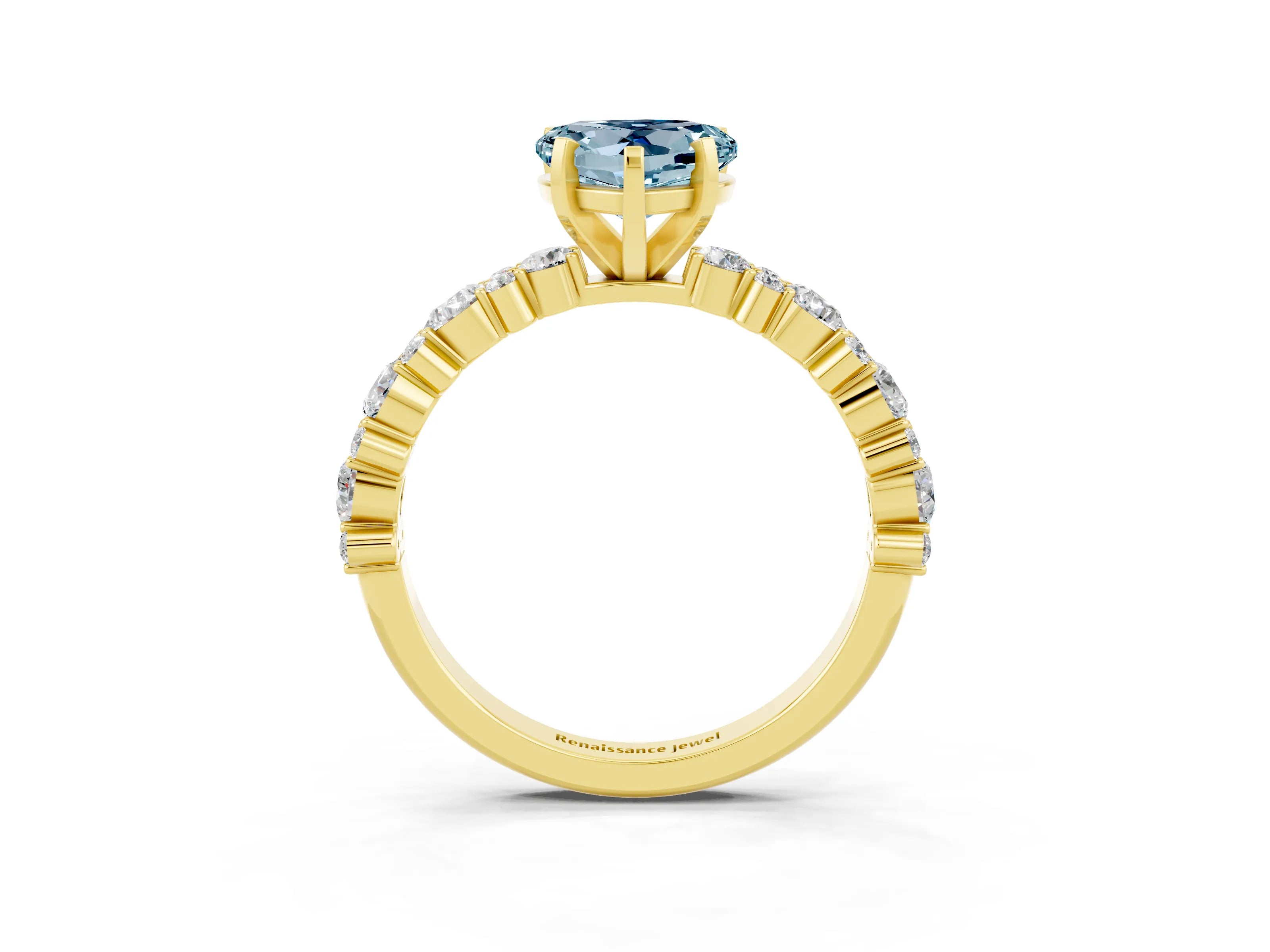 Yellow gold Heart Cut Aquamarine Solitaire with Side Stones, Pave Band, Four-Prong Setting_39