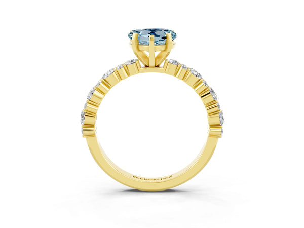 Yellow gold Heart Cut Aquamarine Side Stone Solitaire Ring with Round  and Four-Prong Setting