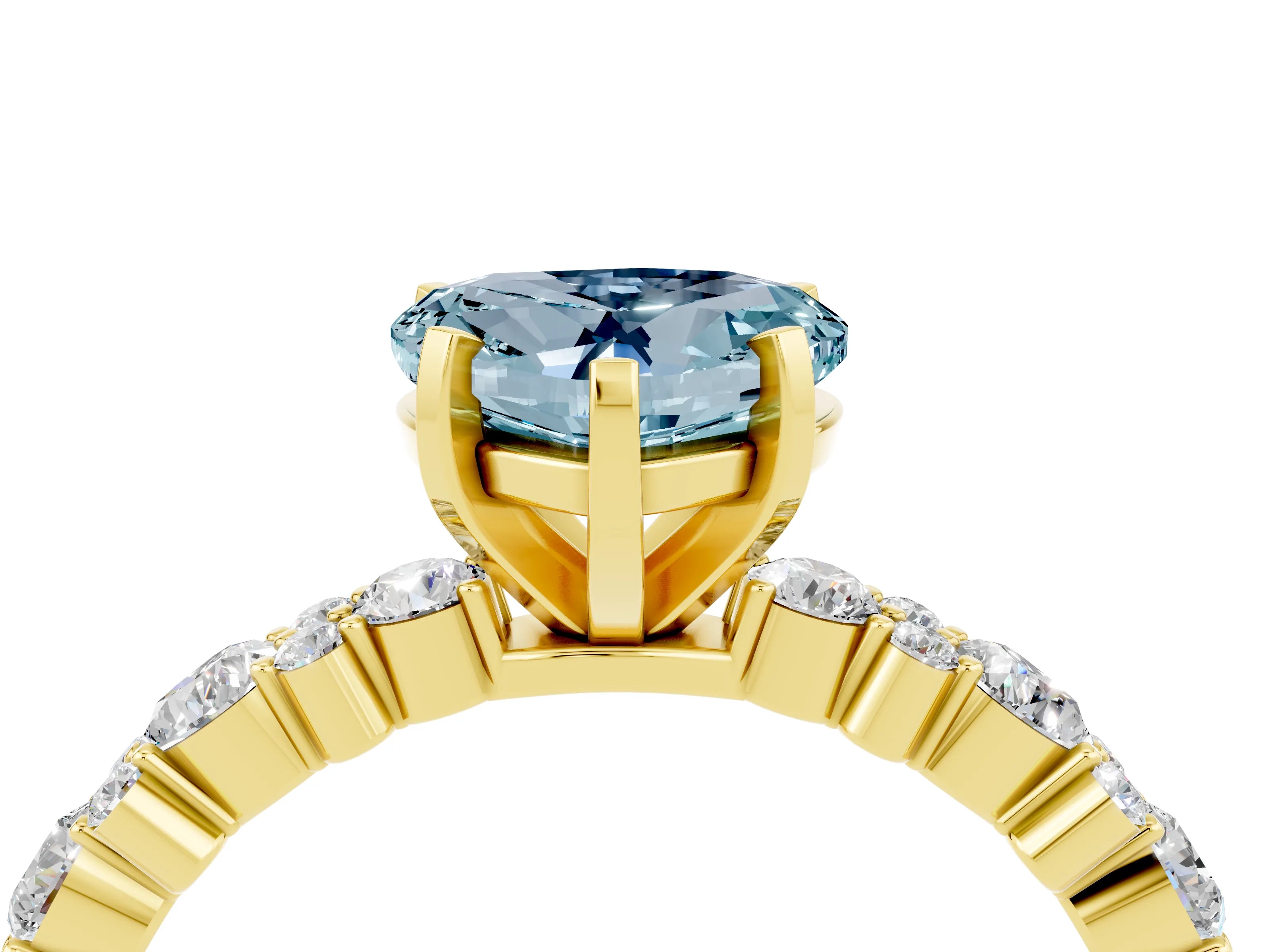 Yellow gold Heart Cut Aquamarine Solitaire with Side Stones, Pave Band, Four-Prong Setting_40