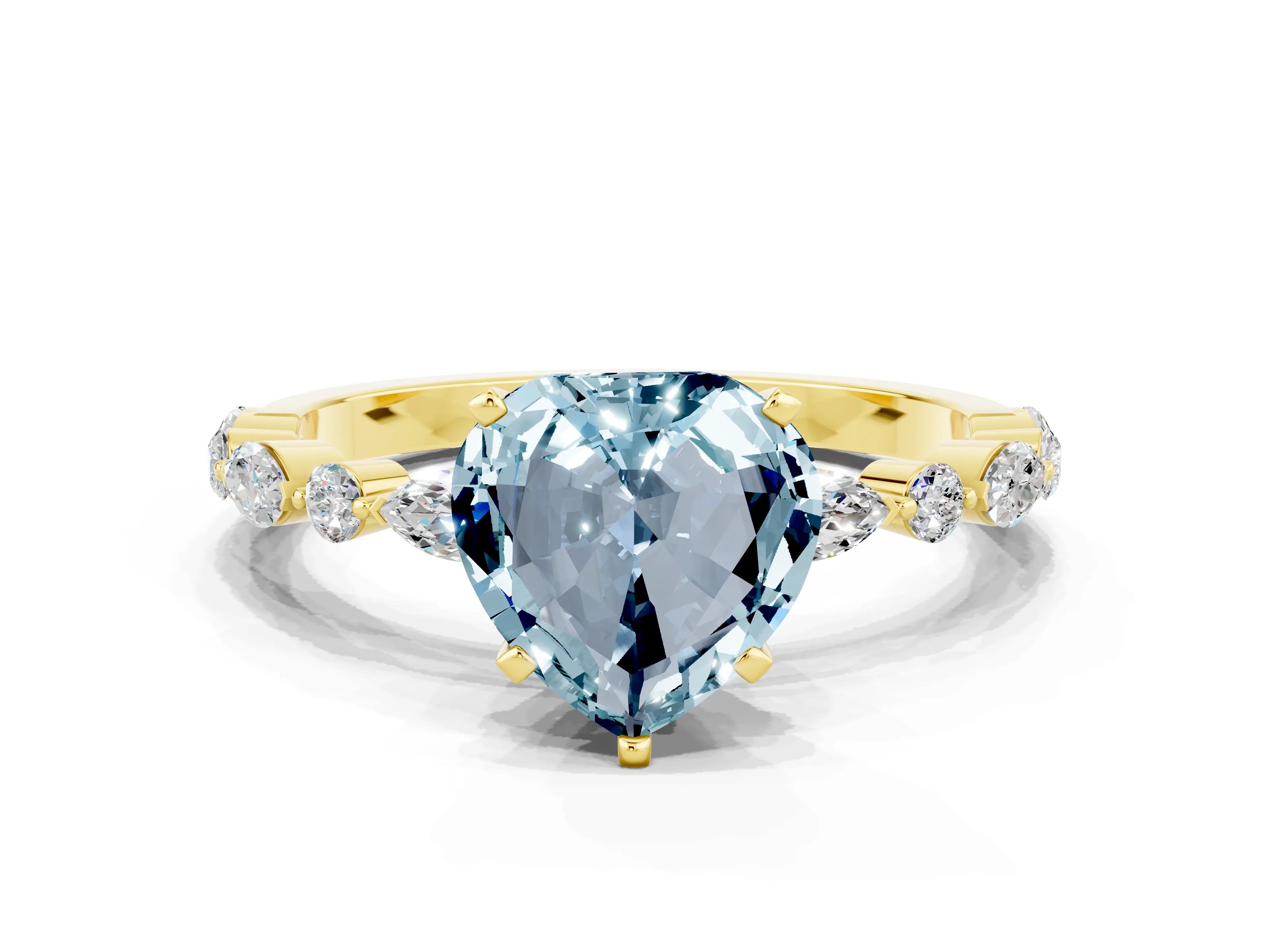 Yellow gold Heart Cut Aquamarine Solitaire with Side Stones on a Pavé Band and Four-Prong Setting