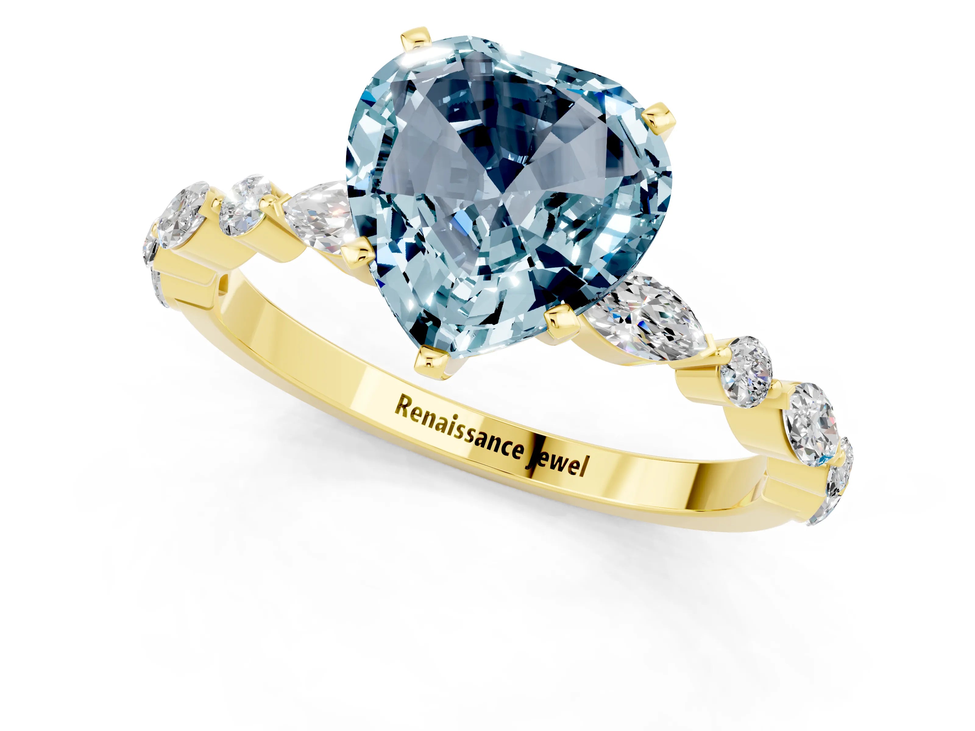 Yellow gold Heart Cut Aquamarine Solitaire with Side Stones on a Pavé Band and Four-Prong Setting_1