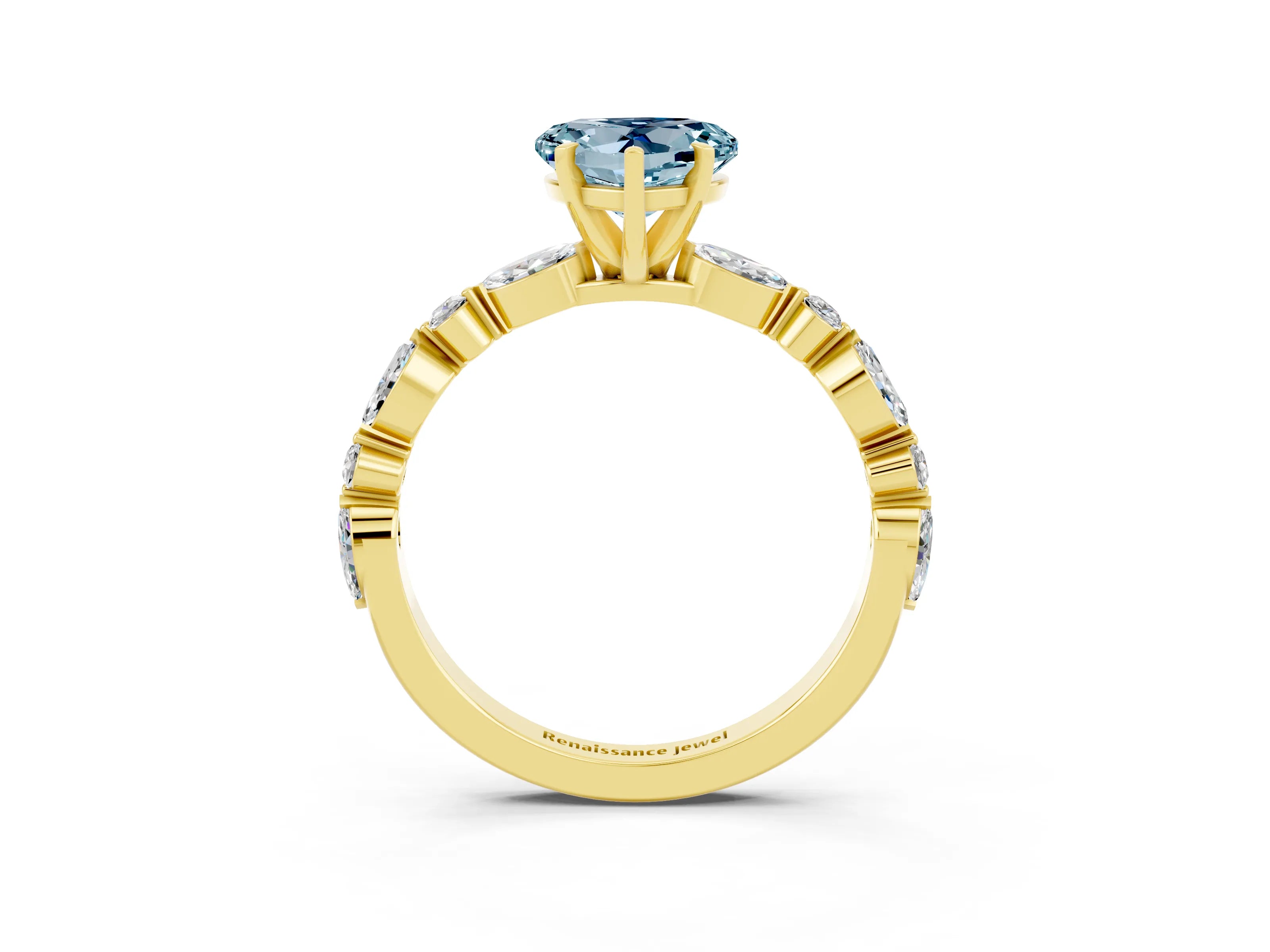 Yellow gold Heart Cut Aquamarine Solitaire with Side Stones on a Pavé Band and Four-Prong Setting_3