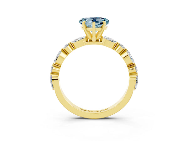 Yellow gold Heart Cut Aquamarine Ring with Marquise and Round  Side Stones and Four-Prong Setting