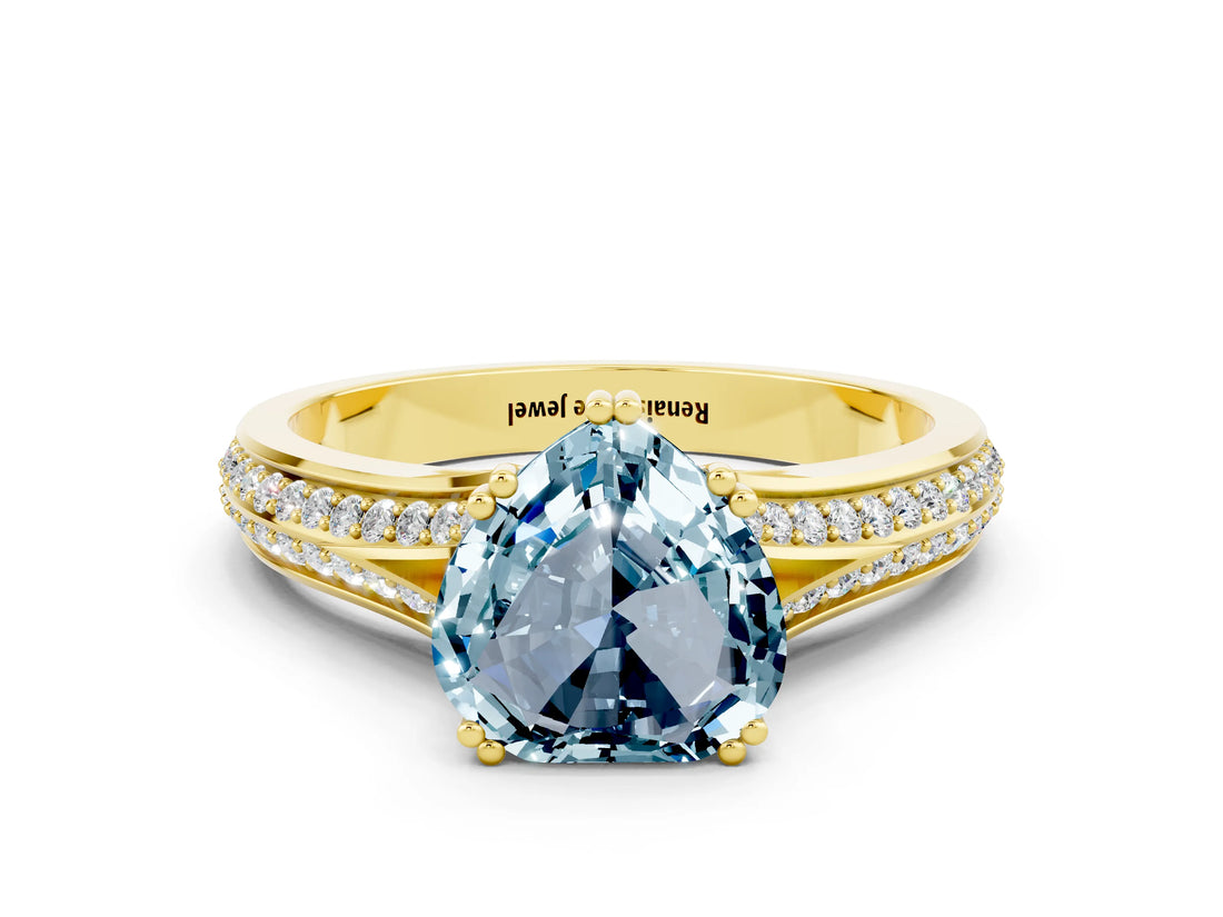 Yellow gold Heart Cut Aquamarine Split Shank Engagement Ring with Pavé Band