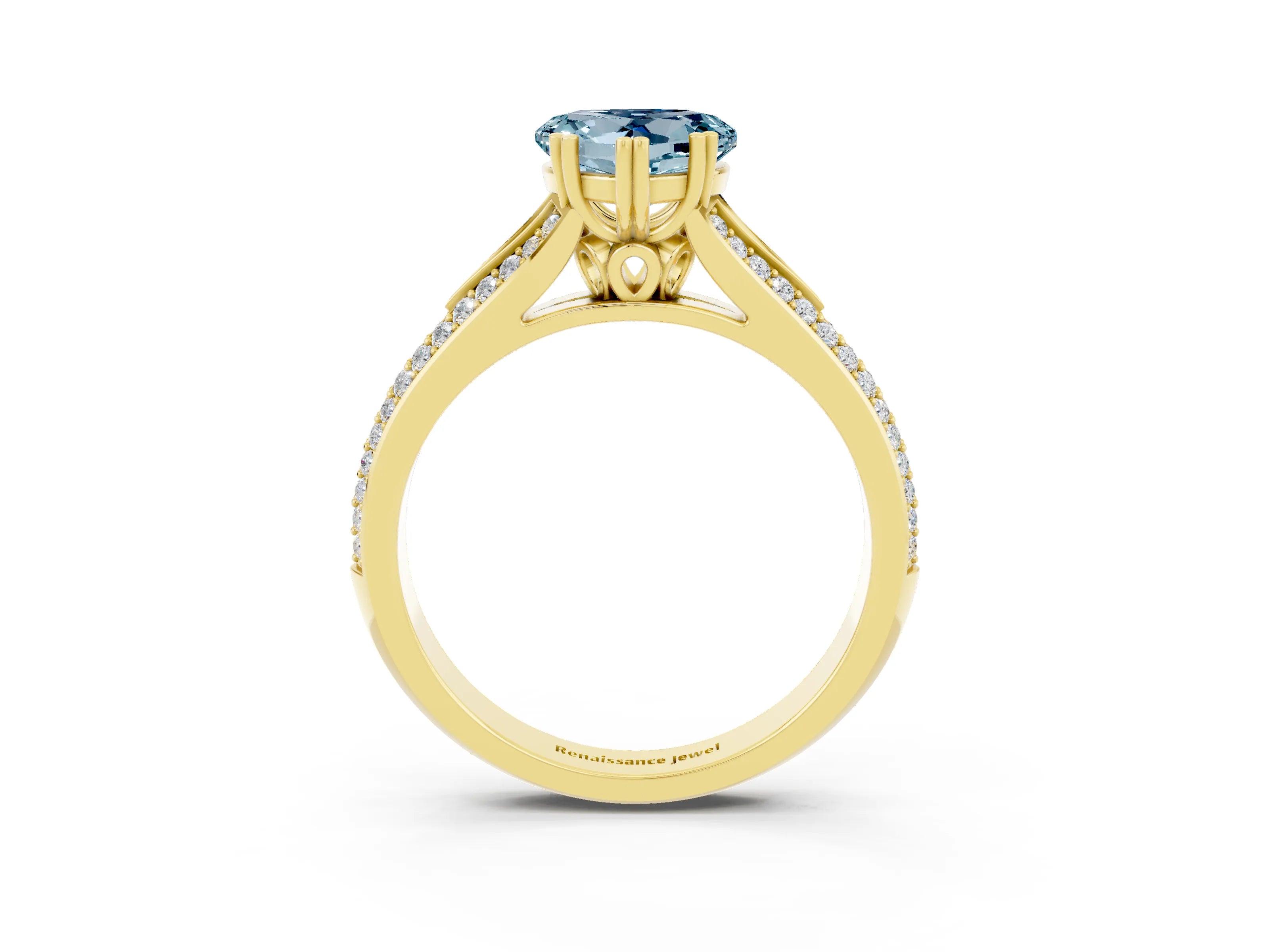 Yellow gold Heart Cut Aquamarine Split Shank Engagement Ring with Pavé Band_3