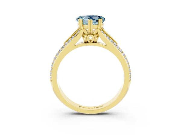 Yellow gold Heart Cut Aquamarine Split Shank Engagement Ring with Pavé Band