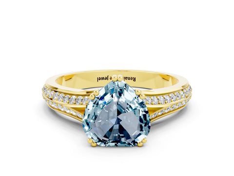 Yellow gold Heart Cut Aquamarine Split Shank Engagement Ring with Pavé Band