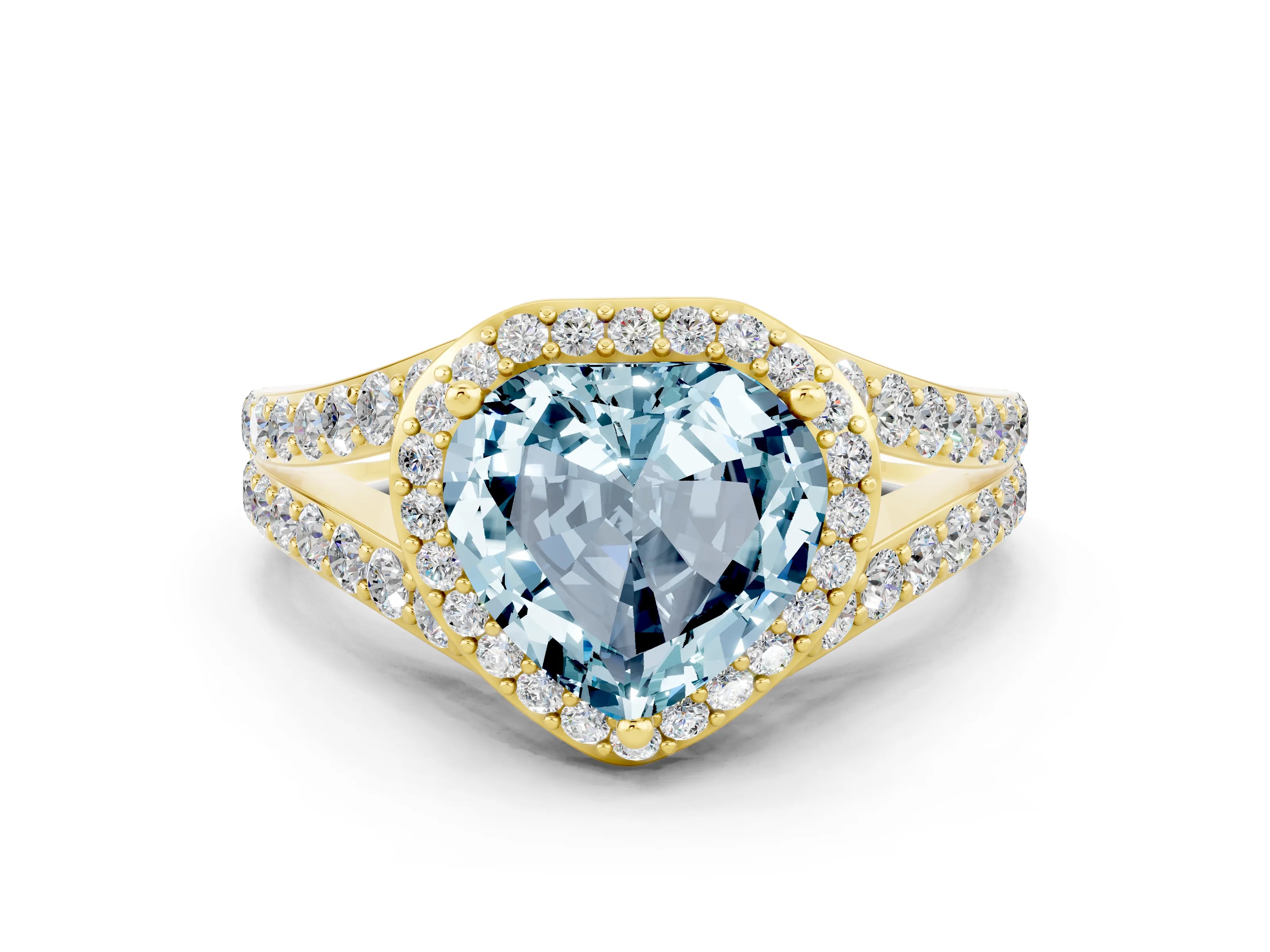 Yellow gold Heart Cut Aquamarine Split Shank Halo Ring with Four-Prong Setting_12