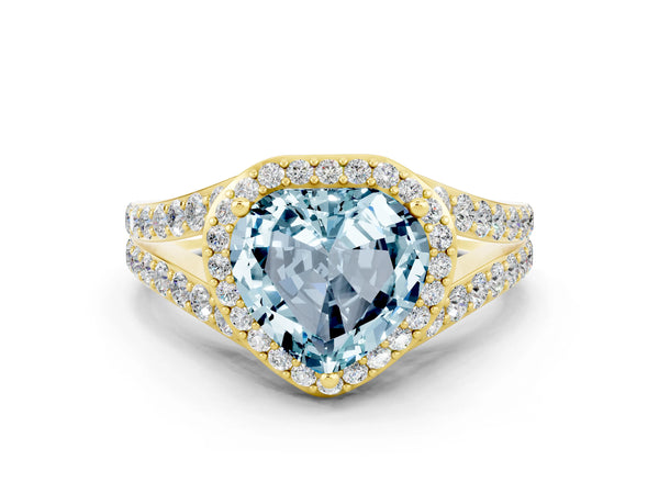 Yellow gold Heart Cut Aquamarine Split Shank Halo Ring with Four-Prong Setting