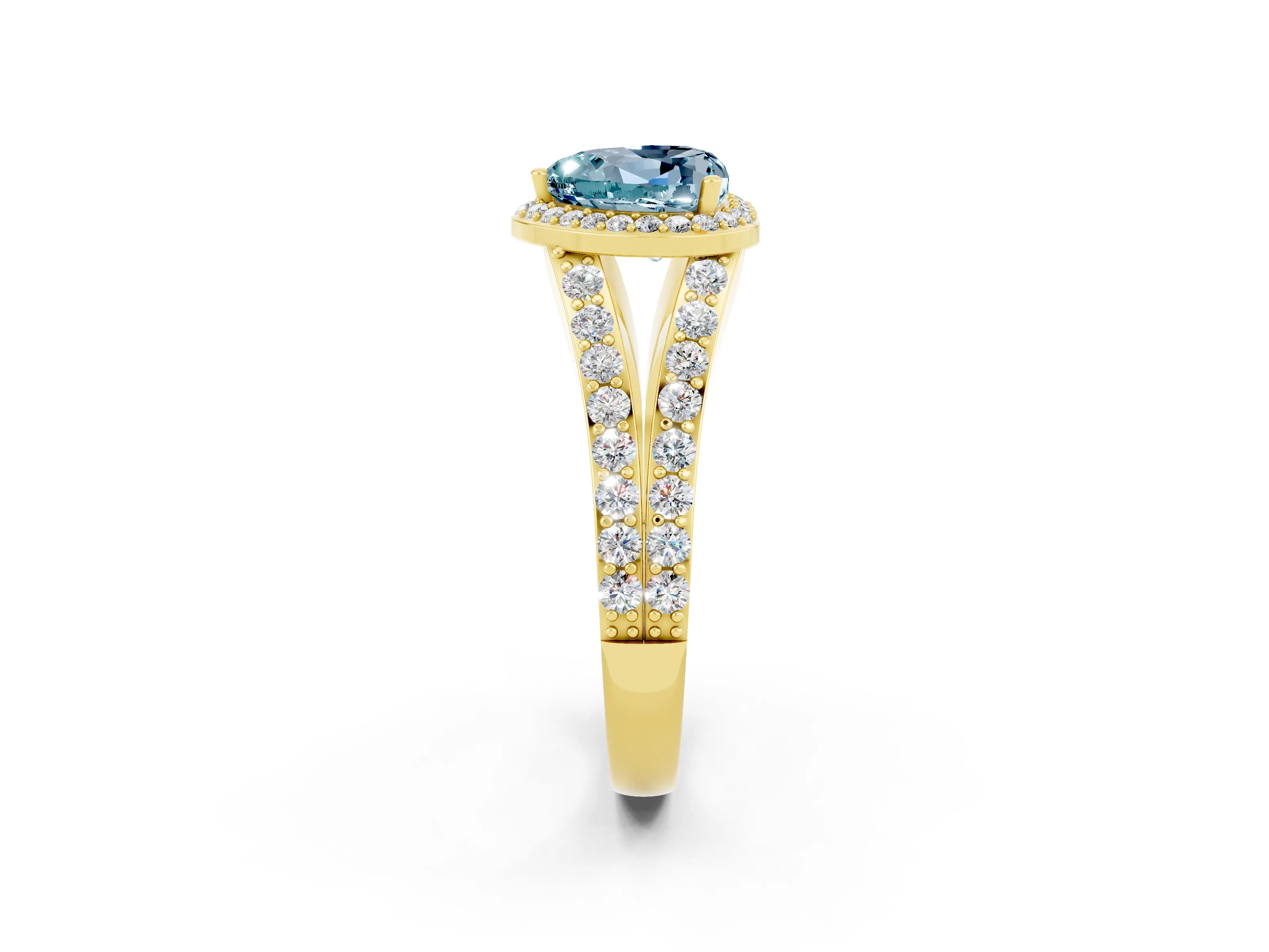Yellow gold Heart Cut Aquamarine Split Shank Halo Ring with Four-Prong Setting_14