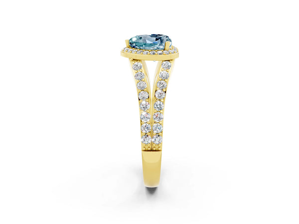 Yellow gold Heart Cut Aquamarine Split Shank Halo Ring with Four-Prong Setting