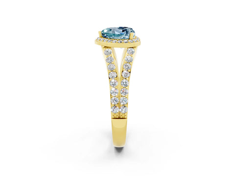 Yellow gold Heart Cut Aquamarine Split Shank Halo Ring with Four-Prong Setting_14