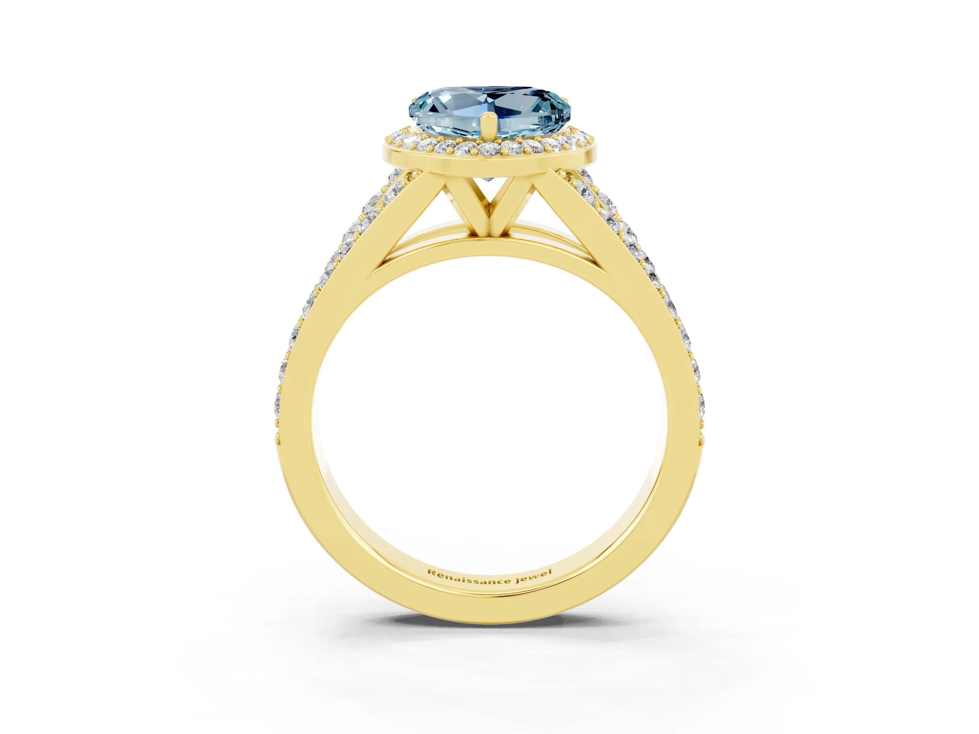 Yellow gold Heart Cut Aquamarine Split Shank Halo Ring with Four-Prong Setting_15