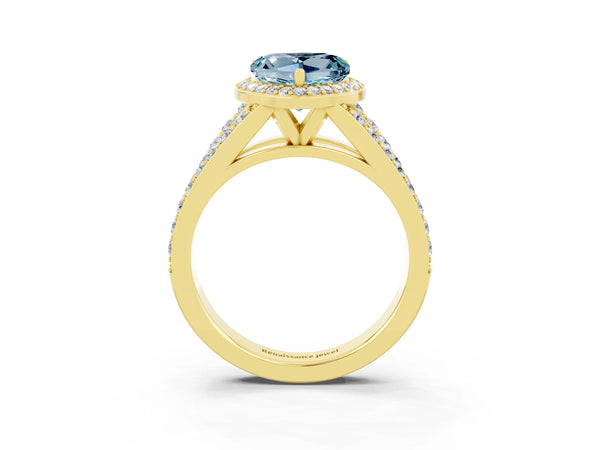 Yellow gold Heart Cut Aquamarine Split Shank Halo Ring with Four-Prong Setting