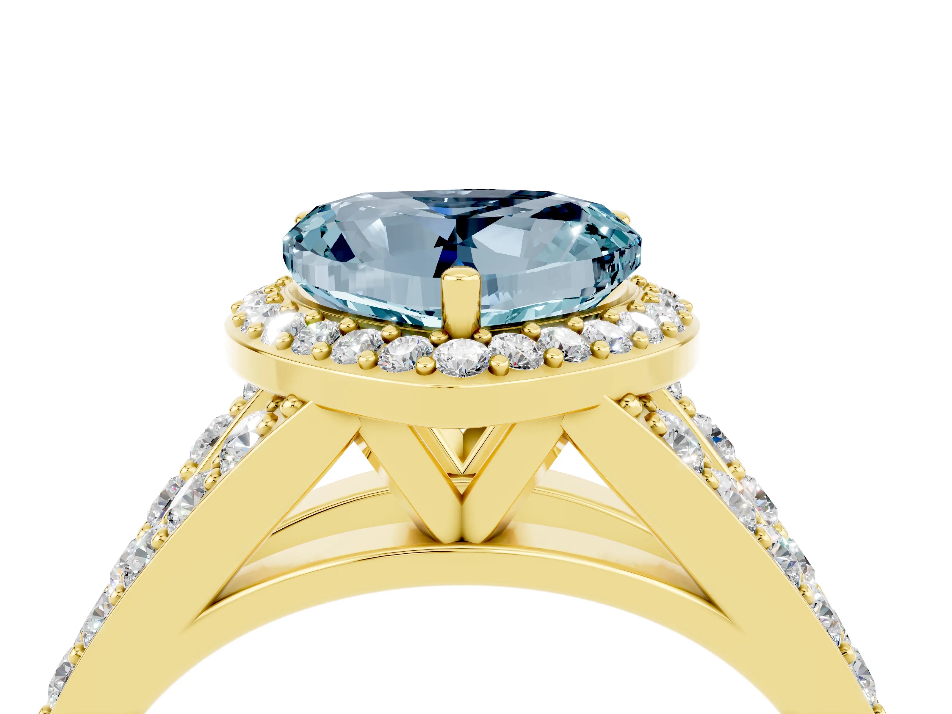 Yellow gold Heart Cut Aquamarine Split Shank Halo Ring with Four-Prong Setting_16