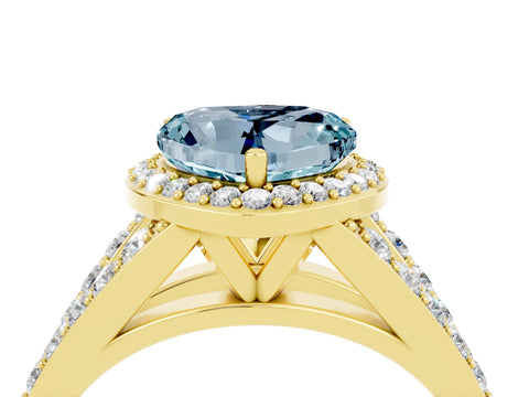 Yellow gold Heart Cut Aquamarine Split Shank Halo Ring with Four-Prong Setting_16