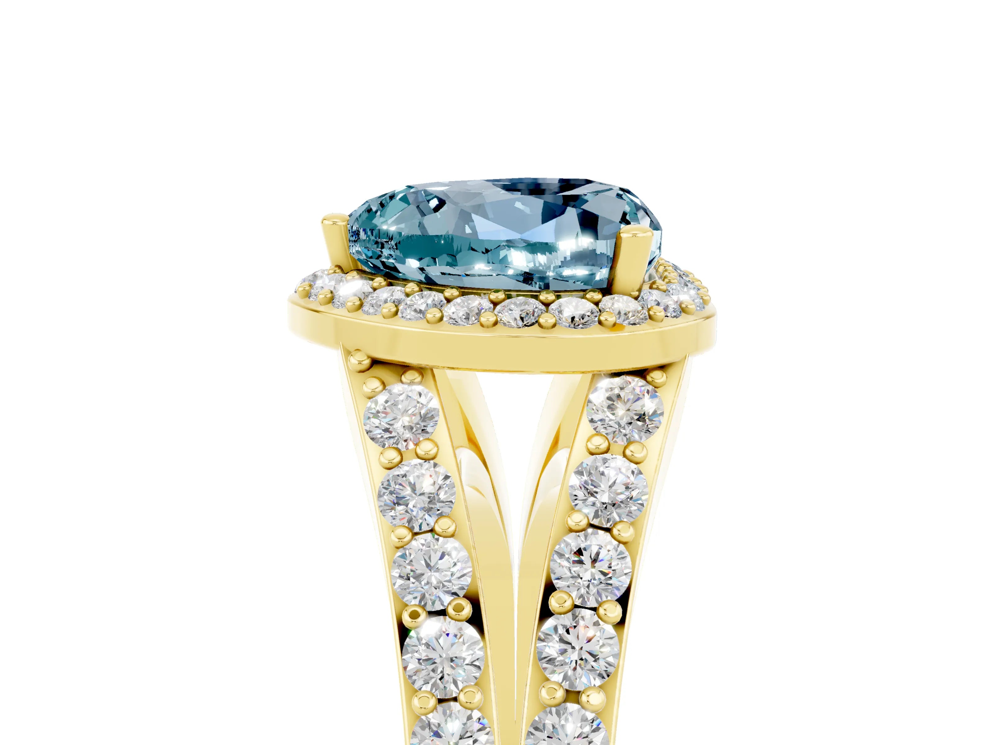 Yellow gold Heart Cut Aquamarine Split Shank Halo Ring with Four-Prong Setting_17