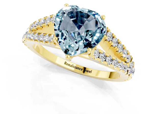 Yellow gold Heart Cut Aquamarine Split Shank Pavé Engagement Ring with Four-Prong Setting