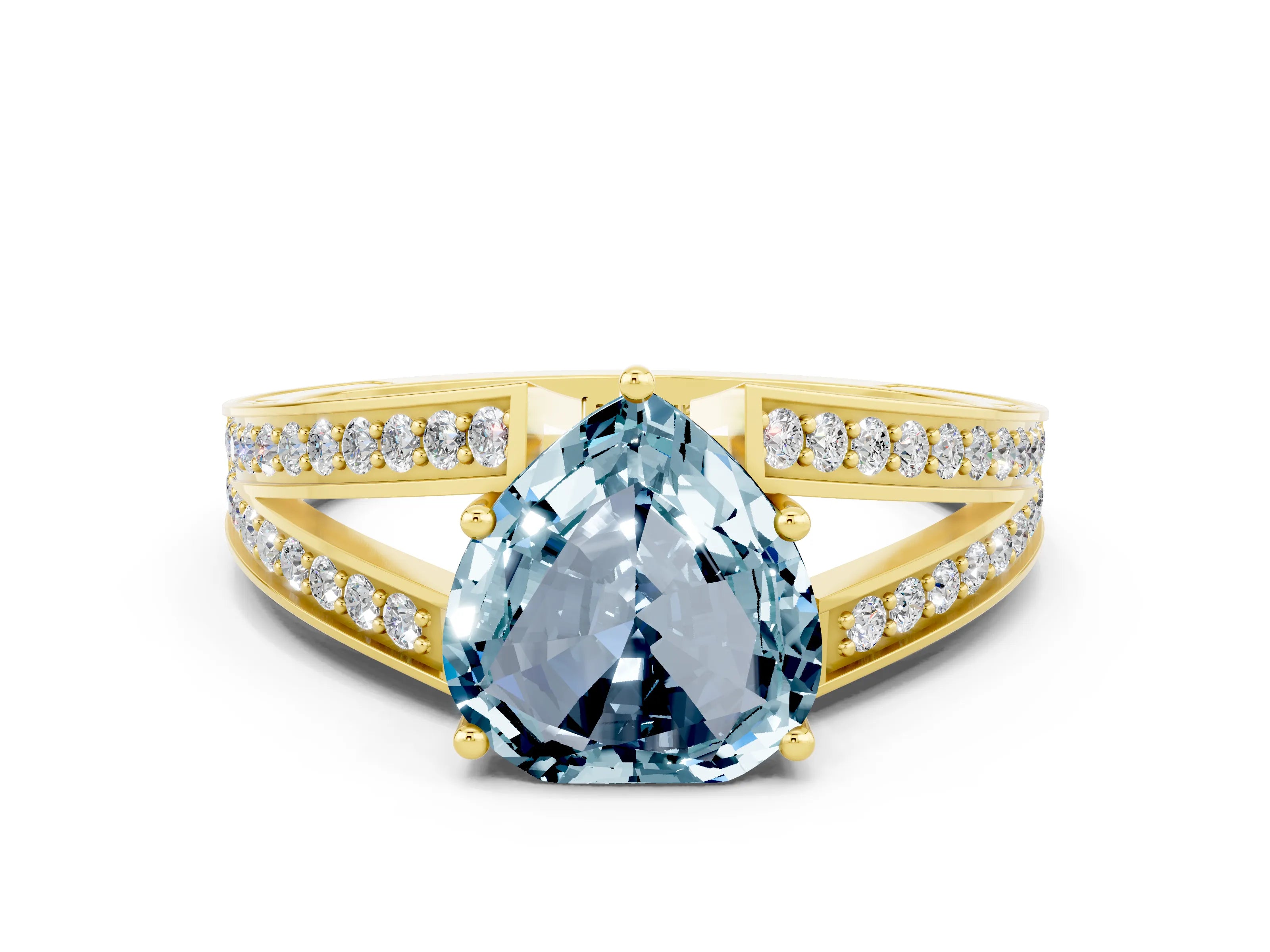 Yellow gold Heart Cut Aquamarine Split Shank Ring with Pavé Band and Four-Prong Setting
