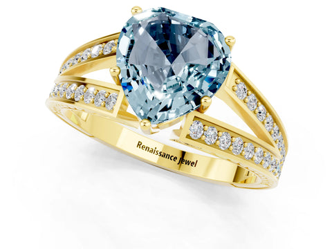 Yellow gold Heart Cut Aquamarine Split Shank Ring with Pavé Band and Four-Prong Setting_1