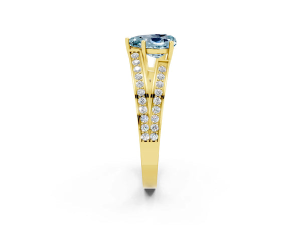 Yellow gold Heart Cut Aquamarine Split Shank Ring with Pavé Band and Four-Prong Setting