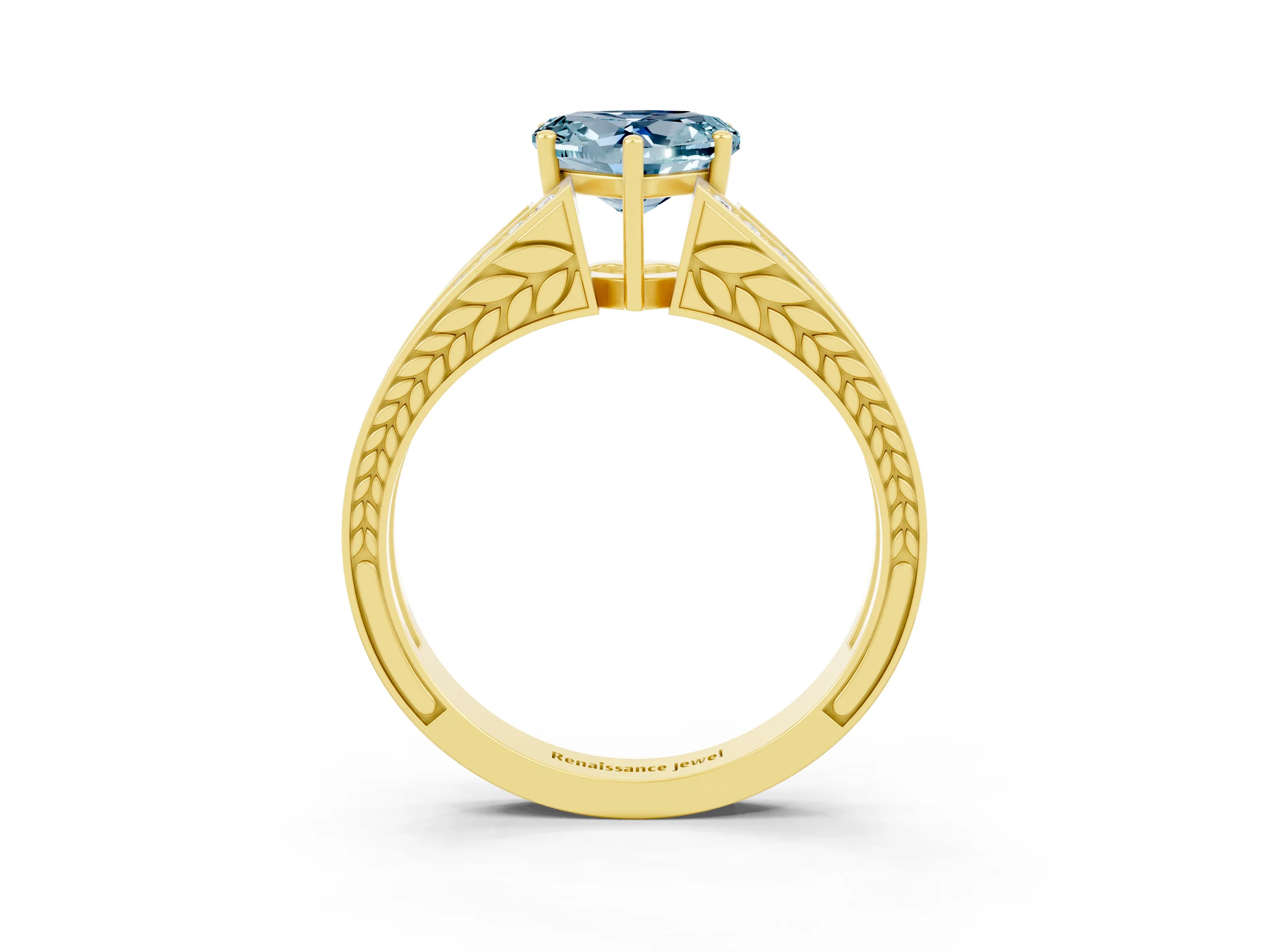 Yellow gold Heart Cut Aquamarine Split Shank Ring with Pavé Band and Four-Prong Setting_3