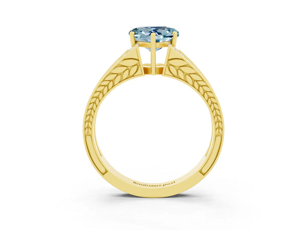 Yellow gold Heart Cut Aquamarine Split Shank Ring with Pavé Band and Four-Prong Setting