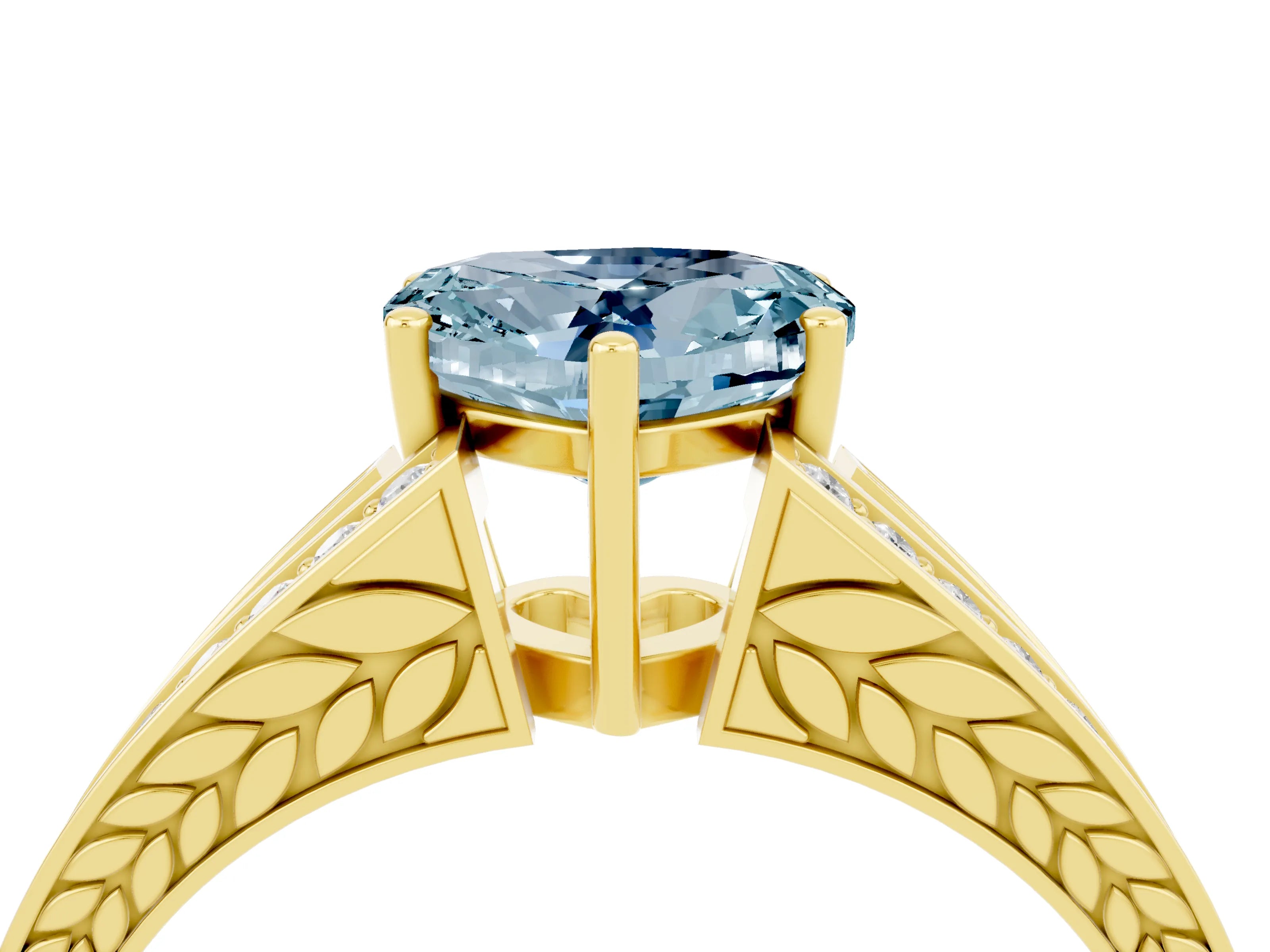 Yellow gold Heart Cut Aquamarine Split Shank Ring with Pavé Band and Four-Prong Setting_4