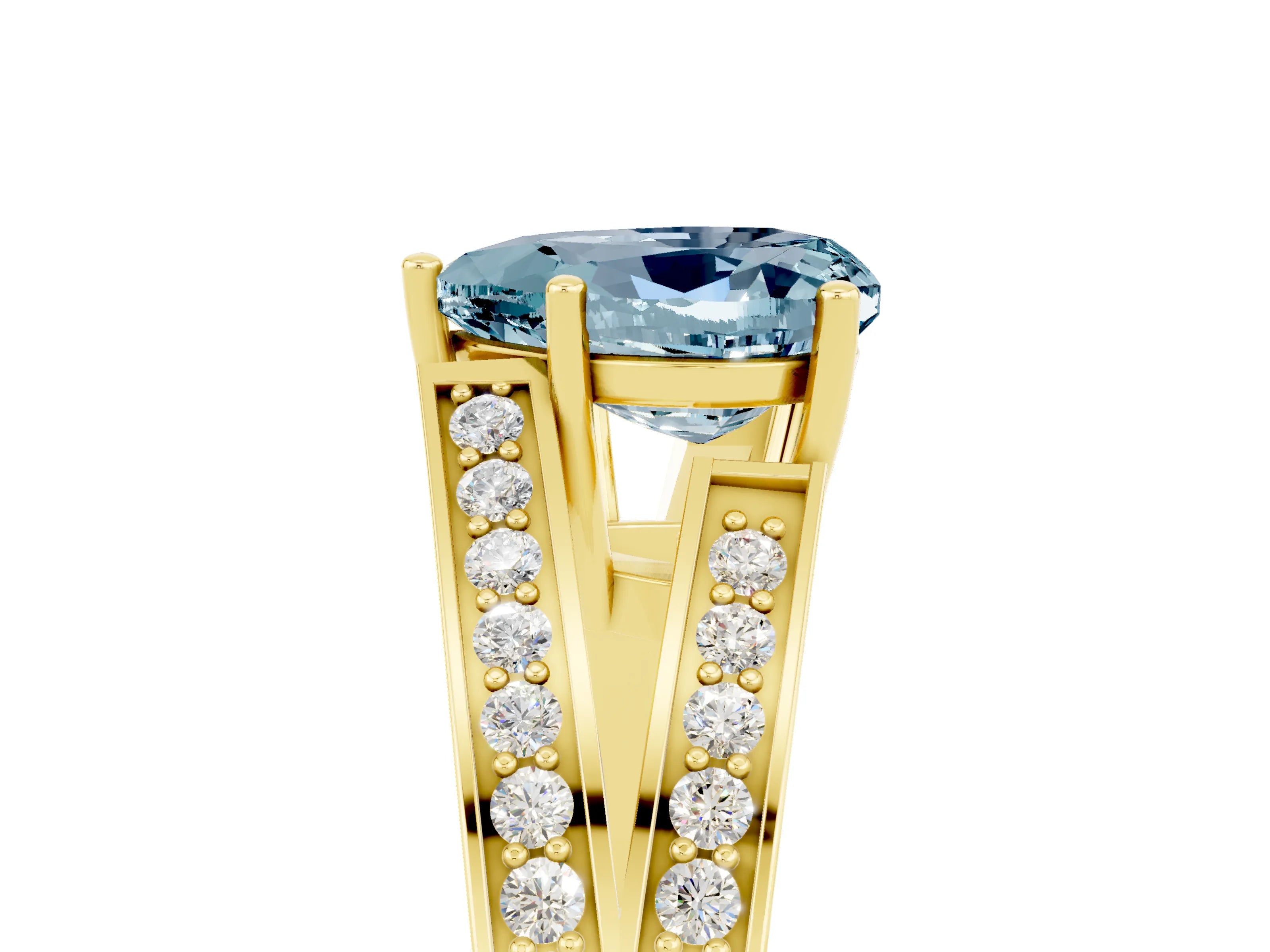 Yellow gold Heart Cut Aquamarine Split Shank Ring with Pavé Band and Four-Prong Setting_5