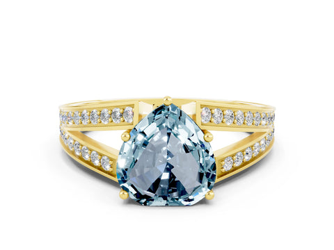 Yellow gold Heart Cut Aquamarine Split Shank Ring with Pavé Band and Four-Prong Setting