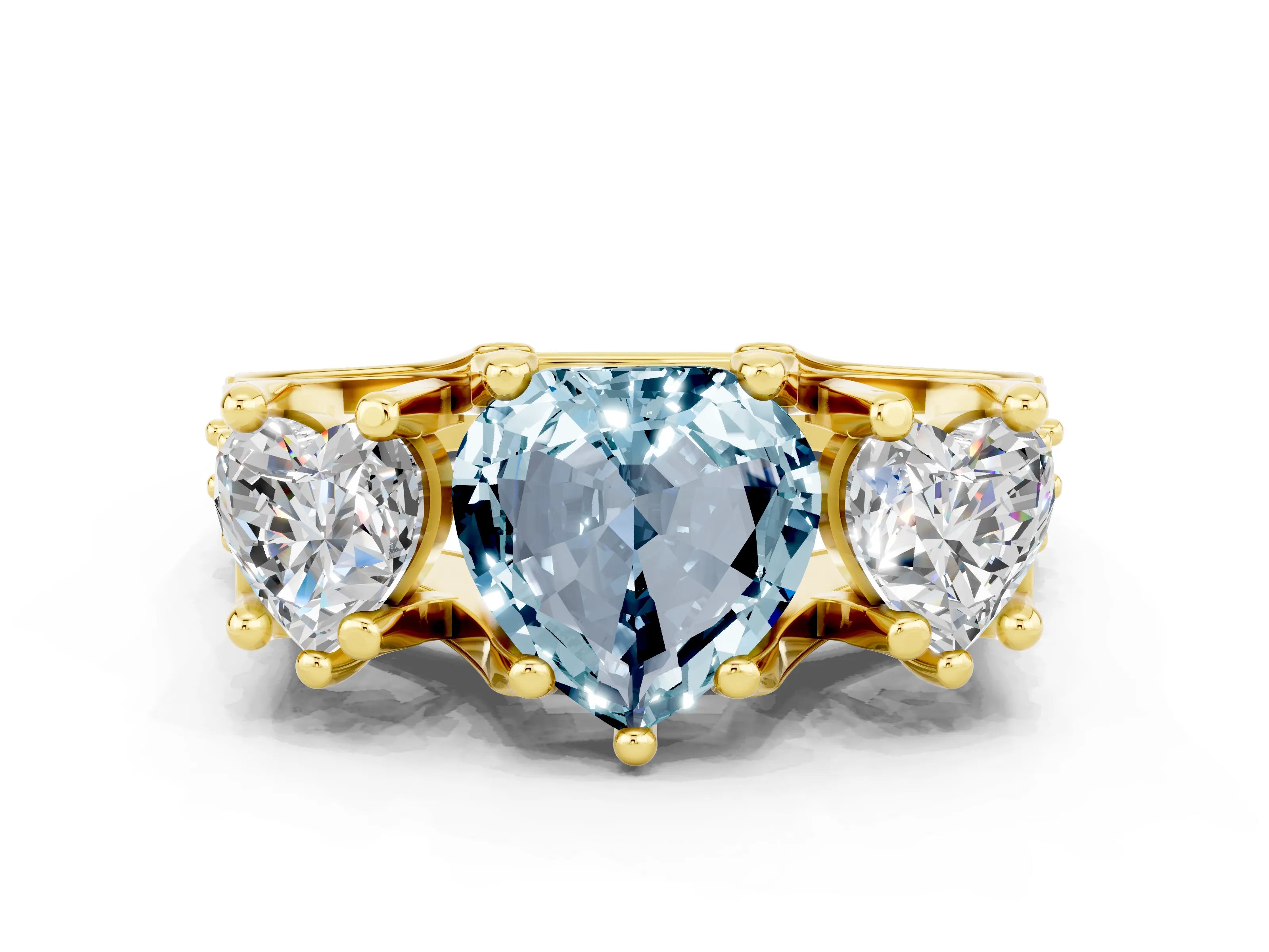 Yellow gold Heart Cut Aquamarine Three-Stone Ring with Channel Set Band and Four-Prong Setting