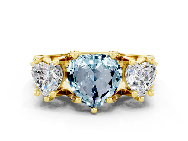 Yellow gold Heart Cut Aquamarine Three-Stone Ring with Channel Set Band and Four-Prong Setting