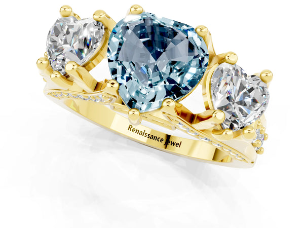 Yellow gold Heart Cut Aquamarine Three-Stone Ring with Channel Set Band and Four-Prong Setting