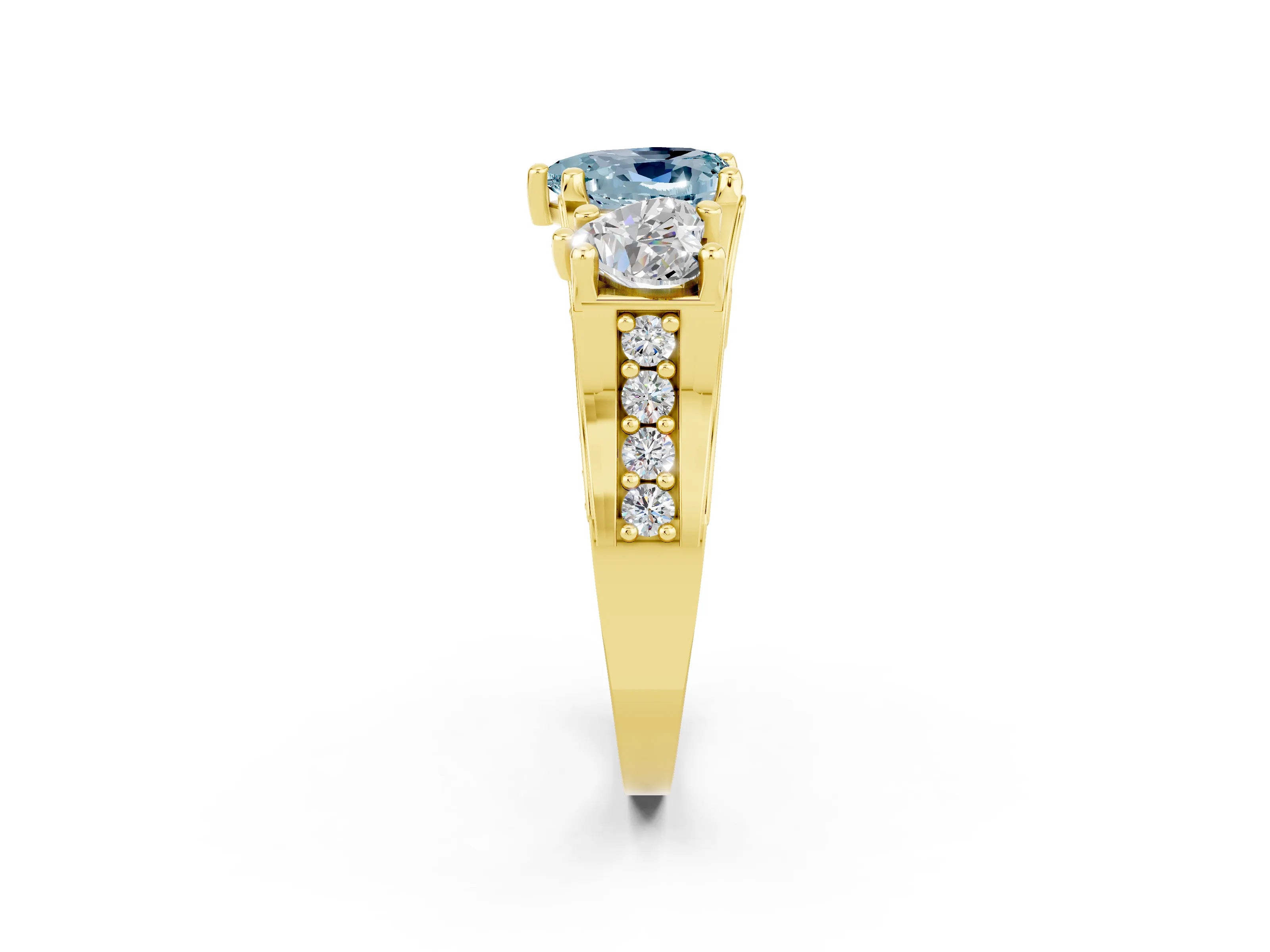 Yellow gold Heart Cut Aquamarine Three-Stone Ring with Channel Set Band and Four-Prong Setting_2