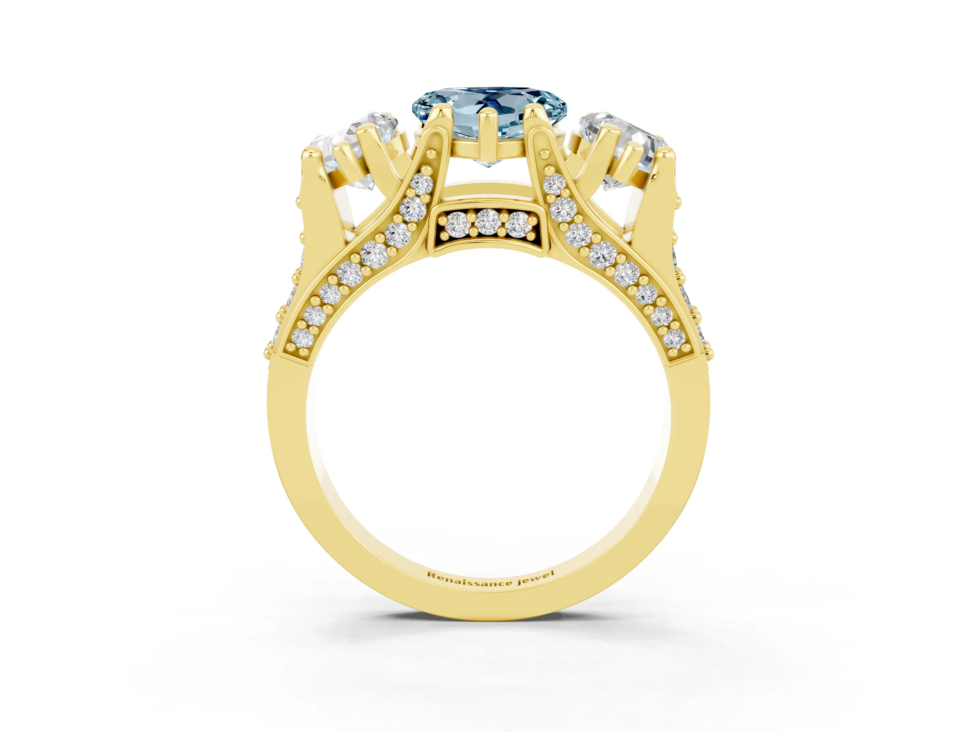 Yellow gold Heart Cut Aquamarine Three-Stone Ring with Channel Set Band and Four-Prong Setting_3