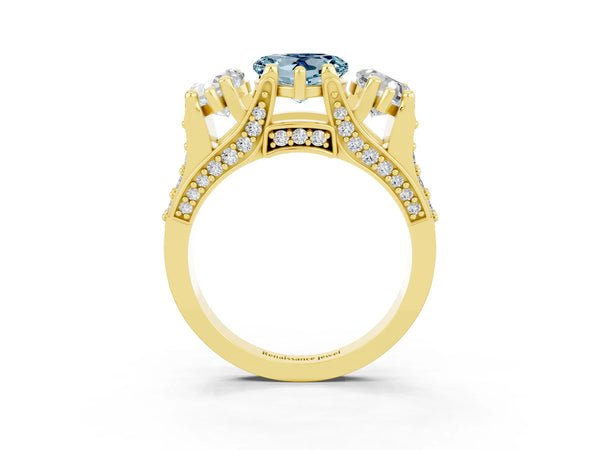 Yellow gold Heart Cut Aquamarine Three-Stone Ring with Channel Set Band and Four-Prong Setting
