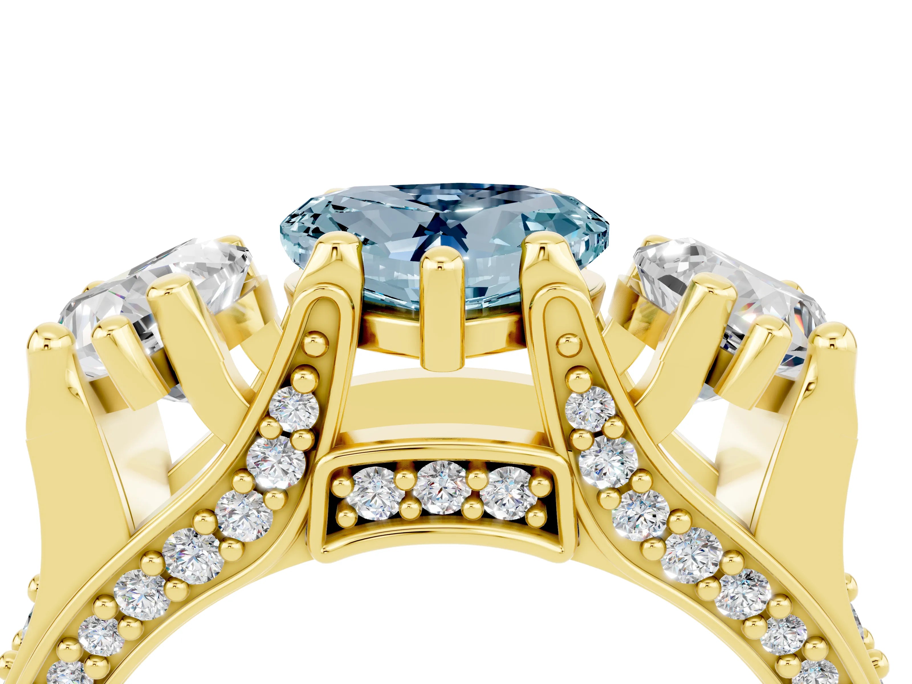 Yellow gold Heart Cut Aquamarine Three-Stone Ring with Channel Set Band and Four-Prong Setting_4
