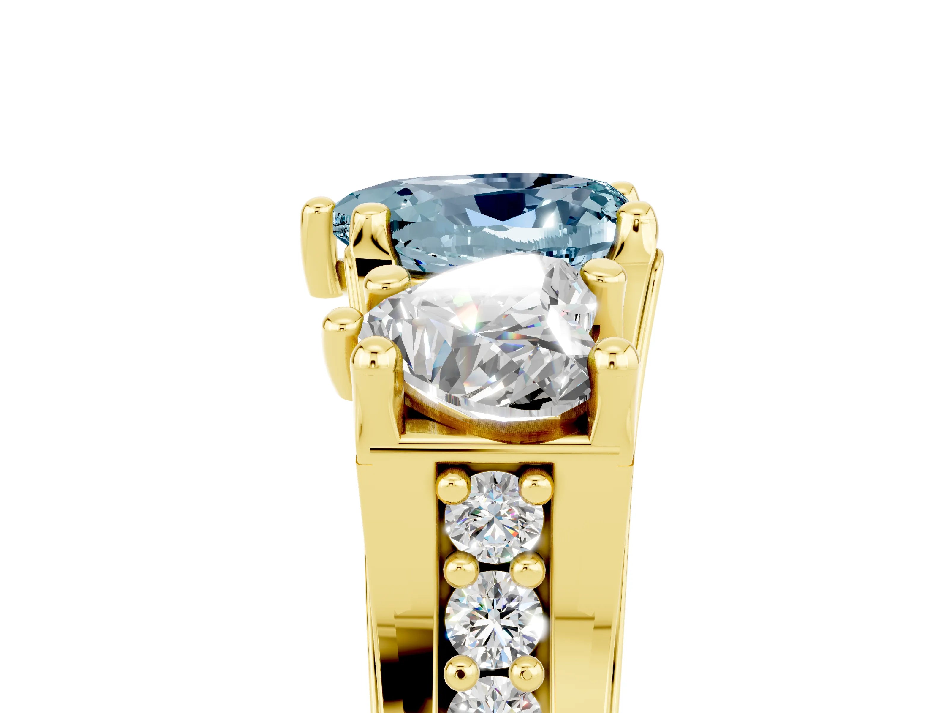 Yellow gold Heart Cut Aquamarine Three-Stone Ring with Channel Set Band and Four-Prong Setting_5