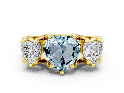 Yellow gold Heart Cut Aquamarine Three-Stone Ring with Channel Set Band and Four-Prong Setting