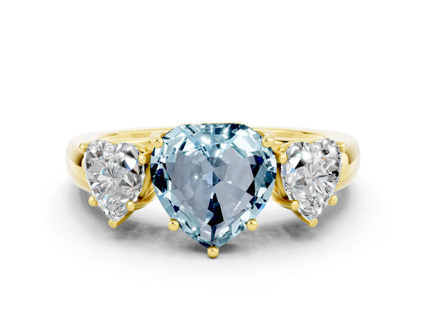 Yellow gold Heart Cut Aquamarine Three-Stone Ring with Four-Prong Setting and Classic Band
