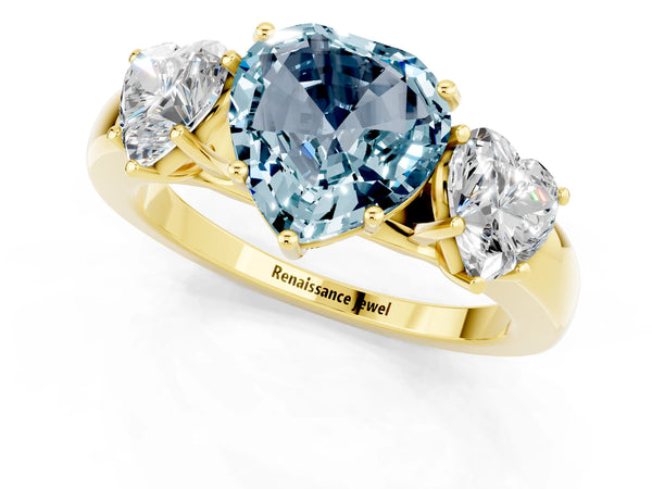 Yellow gold Heart Cut Aquamarine Three-Stone Ring with Four-Prong Setting and Classic Band