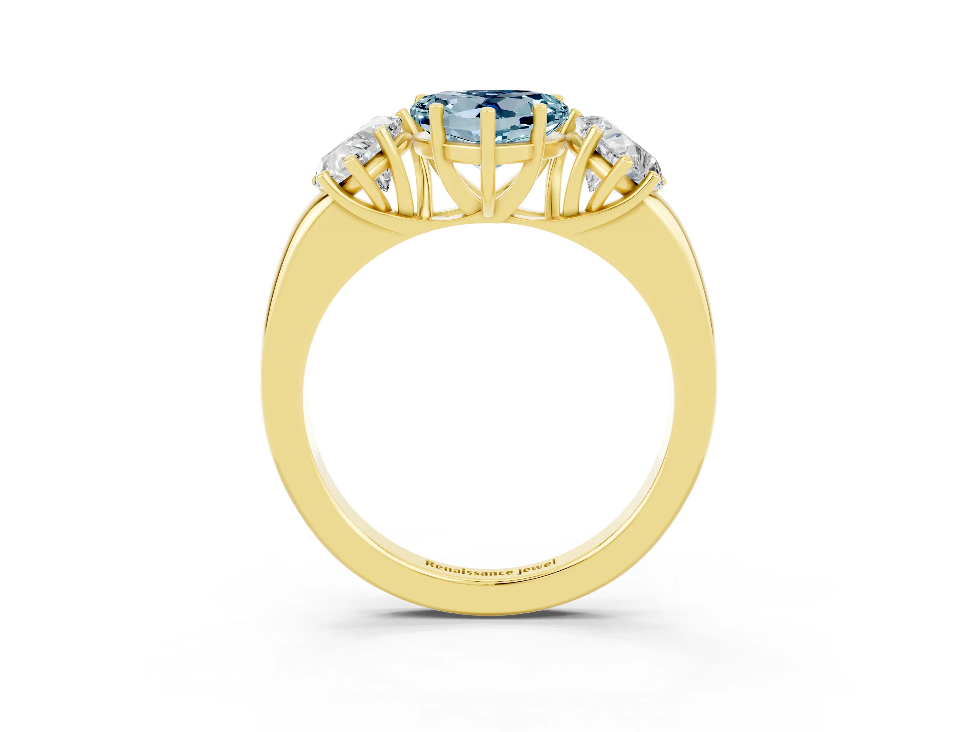 Yellow gold Heart Cut Aquamarine Three-Stone Ring with Four-Prong Setting and Classic Band_3