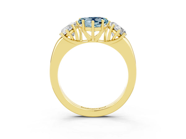 Yellow gold Heart Cut Aquamarine Three-Stone Ring with Four-Prong Setting and Classic Band