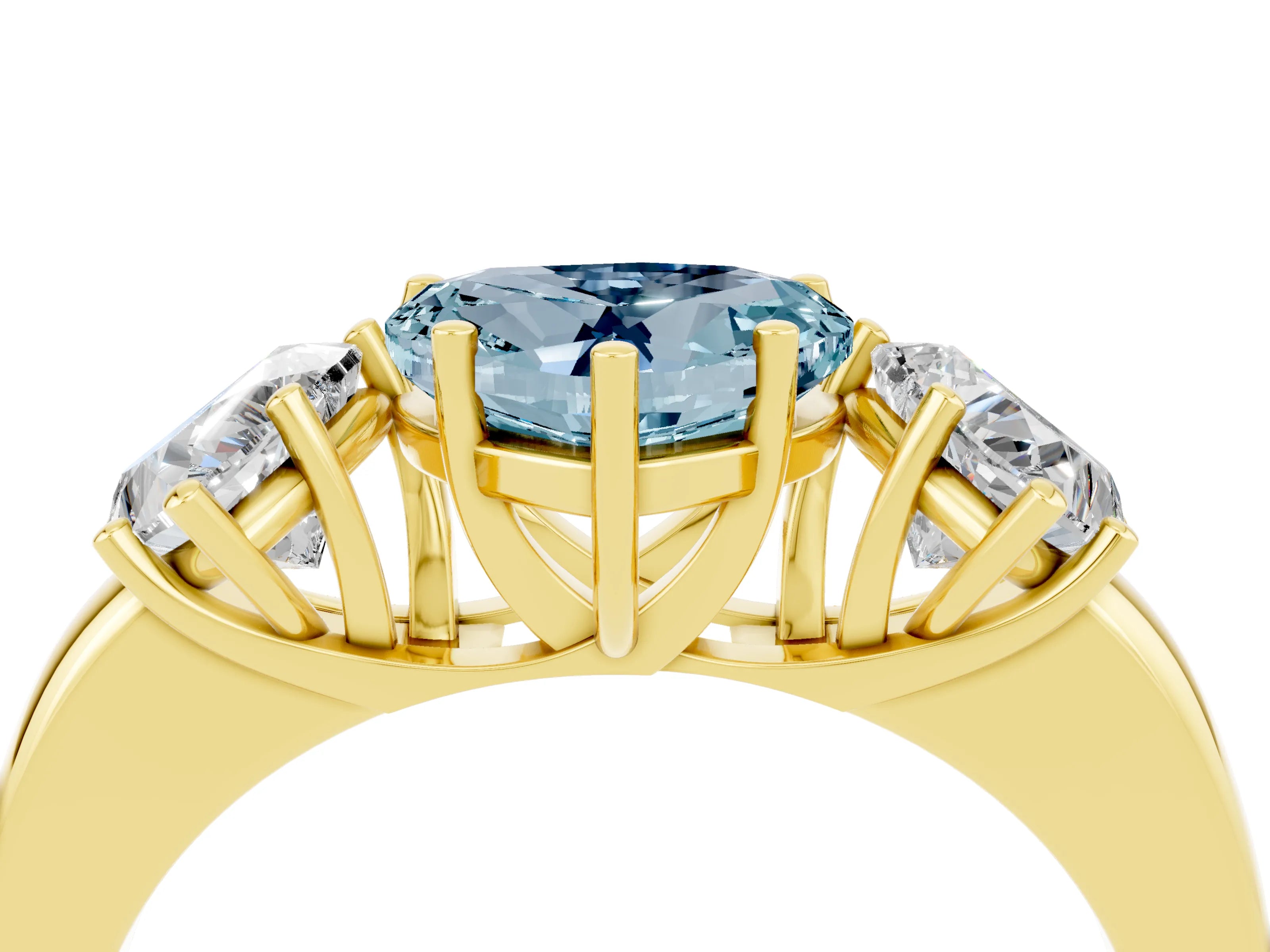 Yellow gold Heart Cut Aquamarine Three-Stone Ring with Four-Prong Setting and Classic Band_4